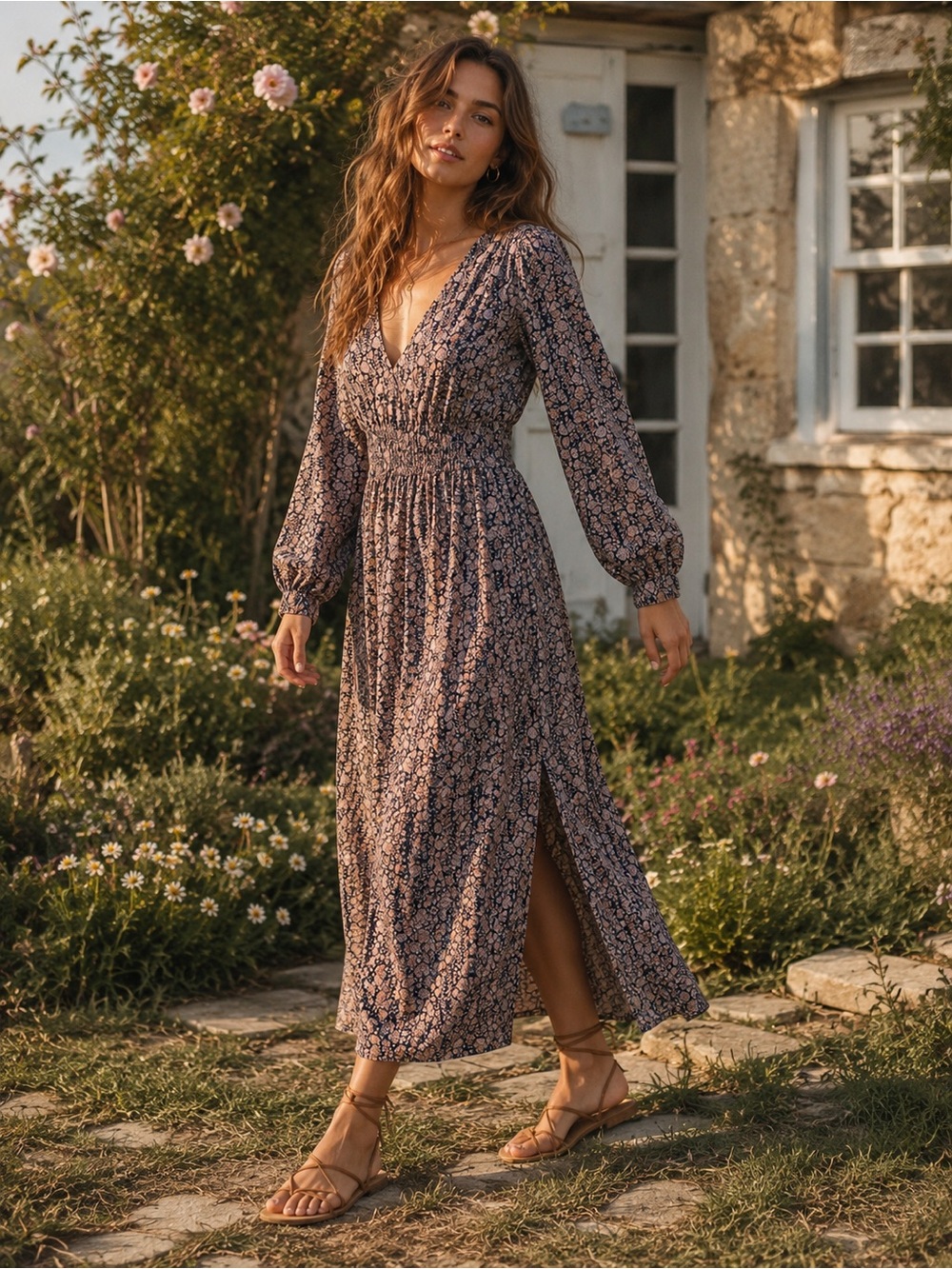 Umgee Floral Metallic Thread Maxi Dress NWT Long Sleeve Empire Waist Medium